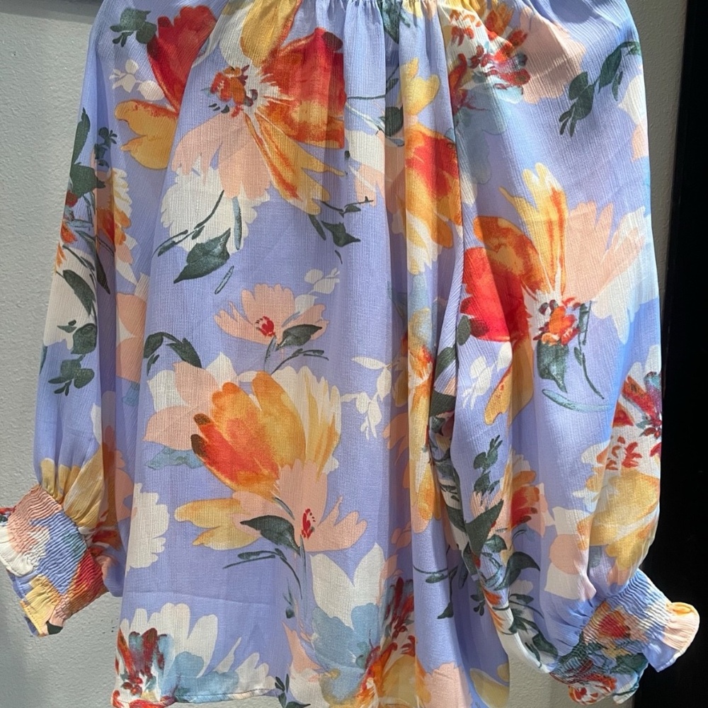 easel Floral Button-Front Blouse in Lavender, Yellow, Orange - Picture 6 of 11
